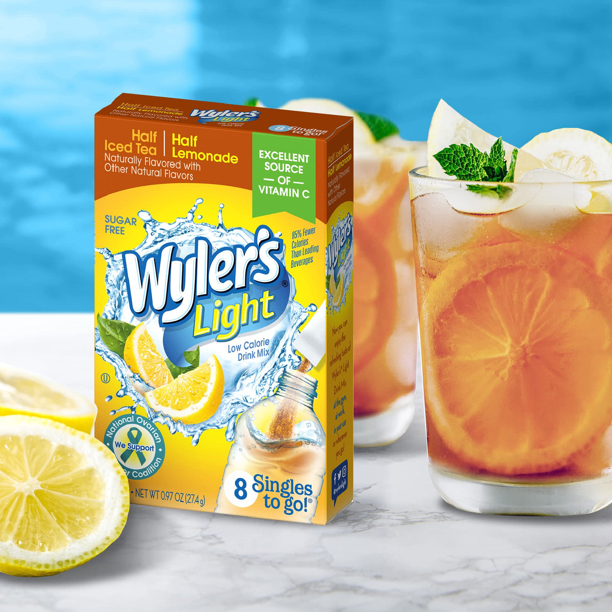 Wyler's Light singles-to-go packet closeup highlights sugar-free, low-calorie option