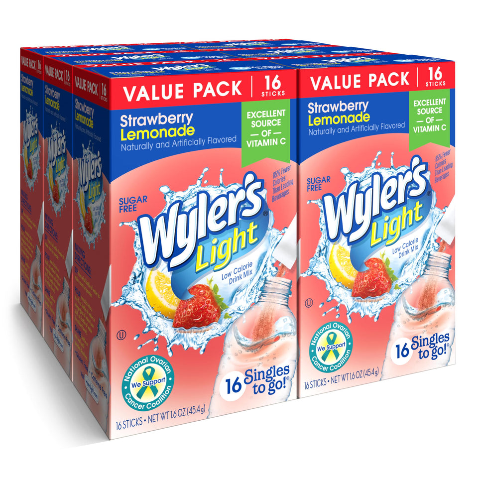 Wyler's Light singles to go packet strawberry lemonade, convenient hydration without sugar.