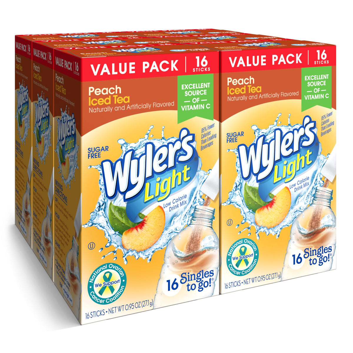 Wyler's Light Peach Iced Tea packet close-up ready to flavor water
