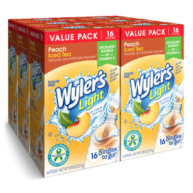 Wyler's Light Peach Iced Tea packet close-up ready to flavor water
