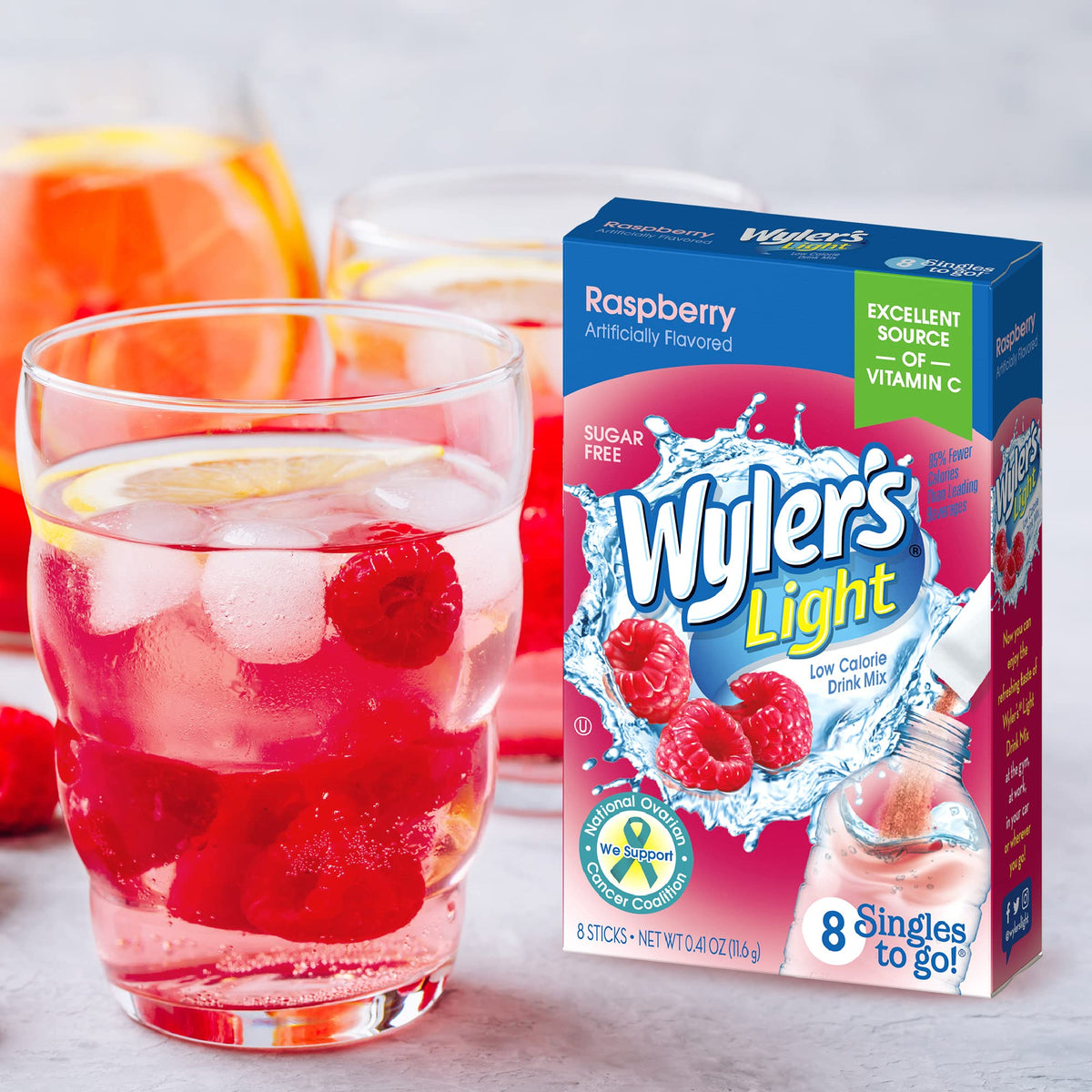 Wyler's Light Raspberry singles-to-go mix being poured for a refreshing sip.