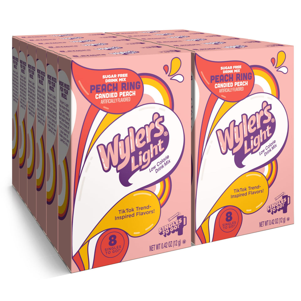 Wyler's Light Singles To Go Watertok Peach Ring box for convenient on-the-go hydration.