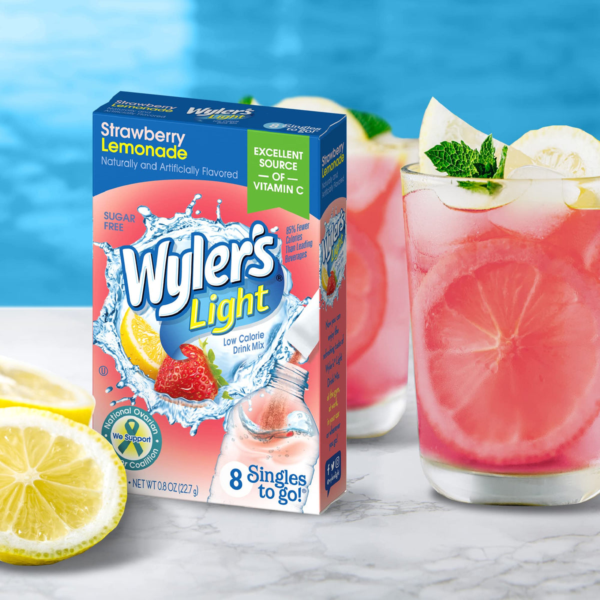 Close-up of Wyler's Light Strawberry Lemonade single-serving packet