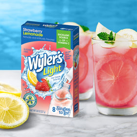 Close-up of Wyler's Light Strawberry Lemonade single-serving packet
