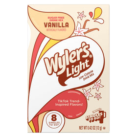 Wyler's Light Vanilla powder drink mix dissolving in water for creamy vanilla flavor.