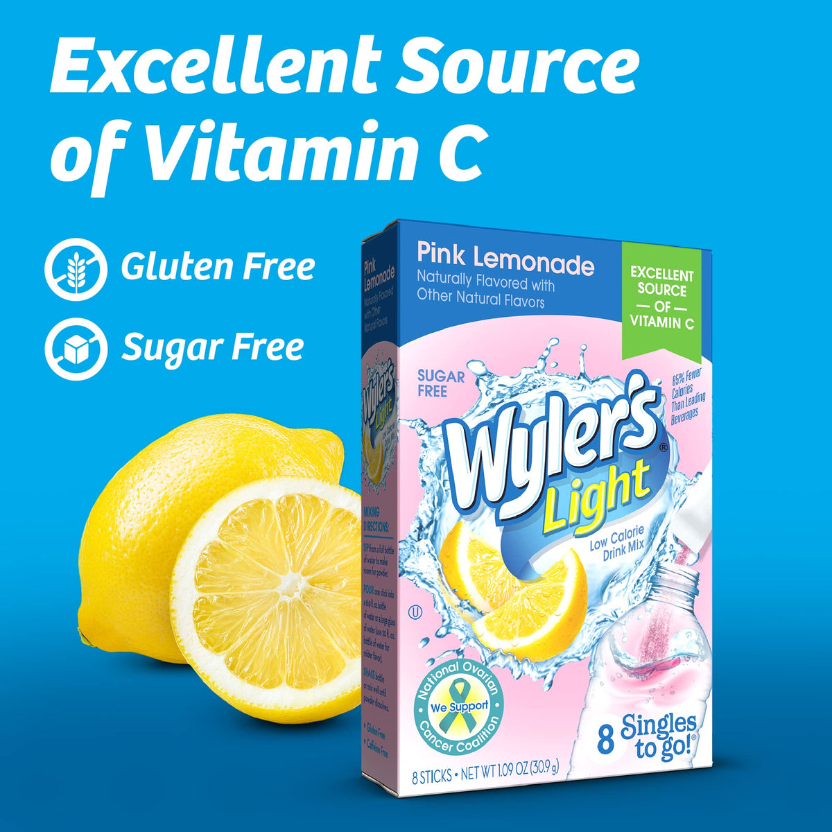 Wyler's Light water bottle quick-mix with Pink Lemonade for on-the-go hydration.