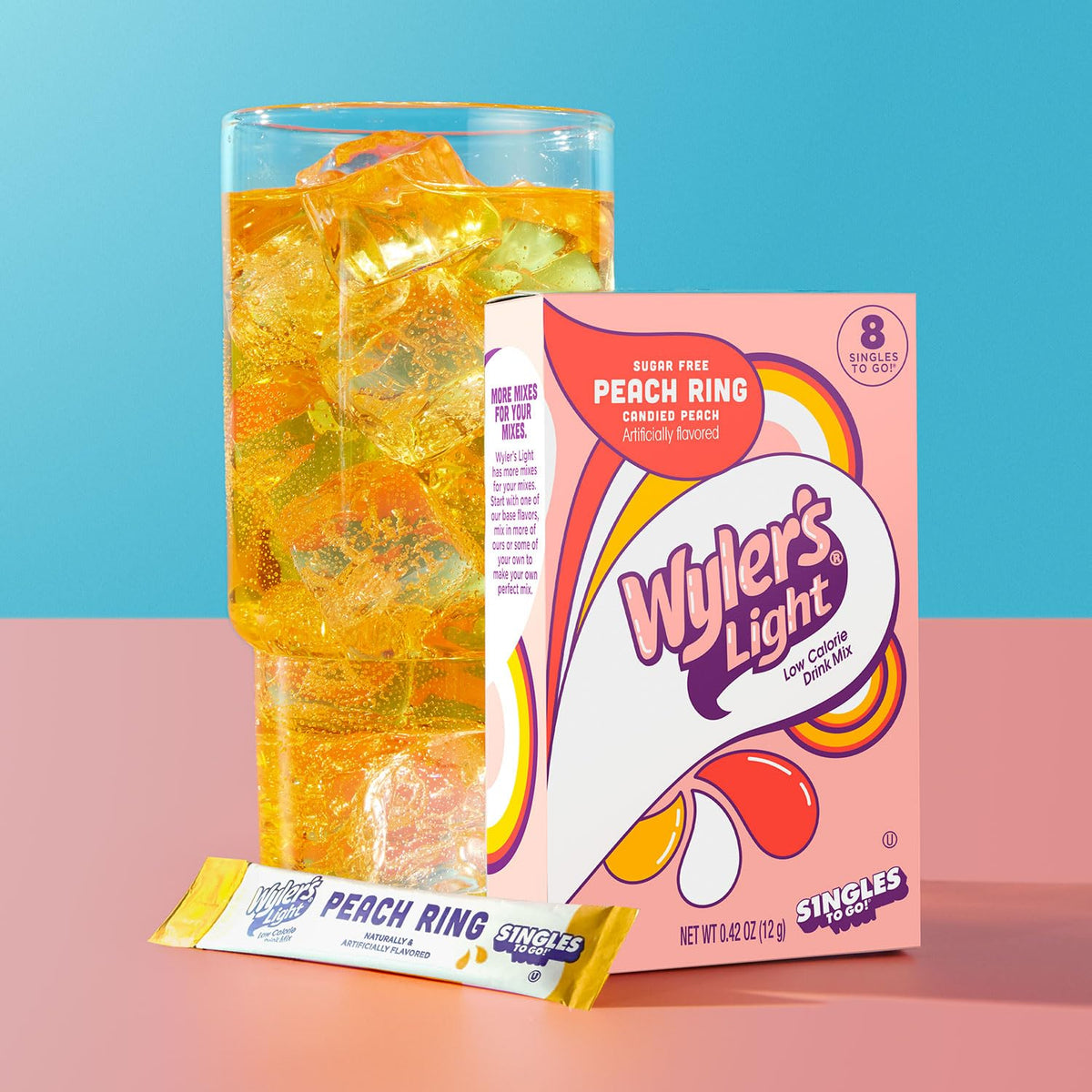 Pour Wyler's Light Watertok Peach Ring powder into a bottle for quick mixing.