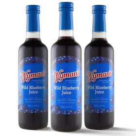 Wyman's Wild Blueberry Juice in a glass bottle showing 100% fruit flavor.