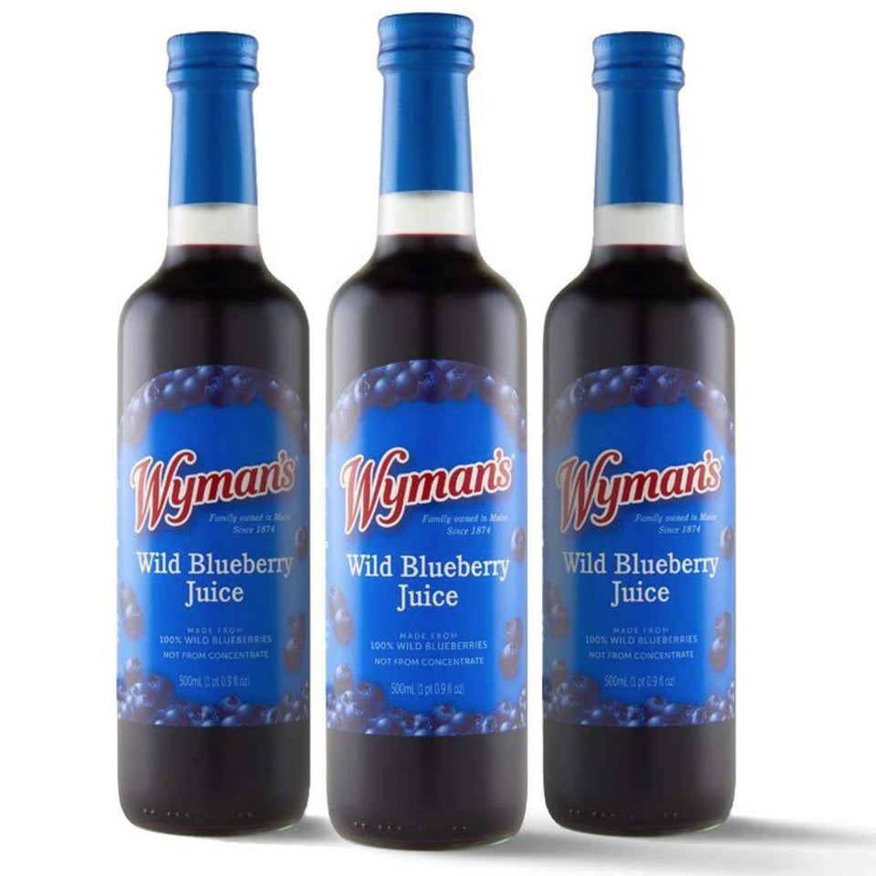 Wyman's Wild Blueberry Juice in a glass bottle showing 100% fruit flavor.