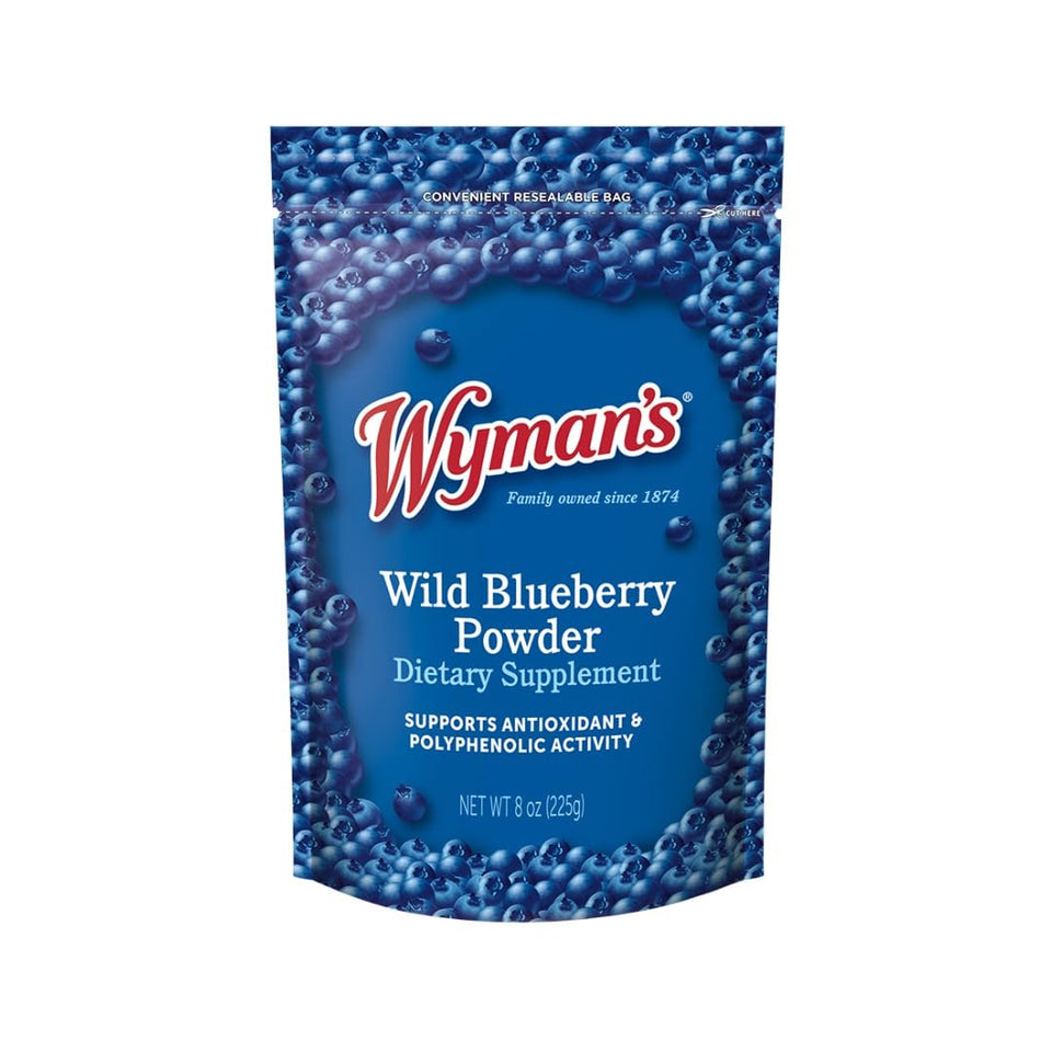 Wyman’s Wild Blueberry Powder bottle shows vibrant color and berry quality.