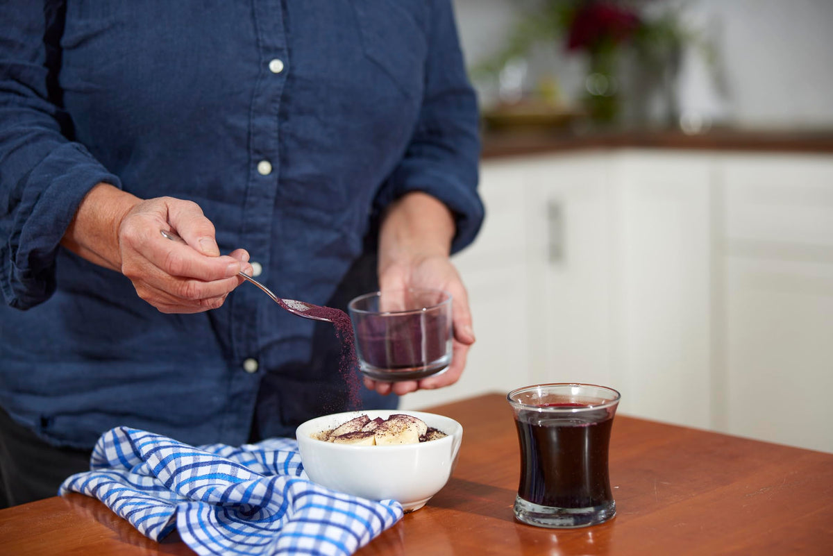 Wyman’s Wild Blueberry Powder blended into a smoothie for breakfast.