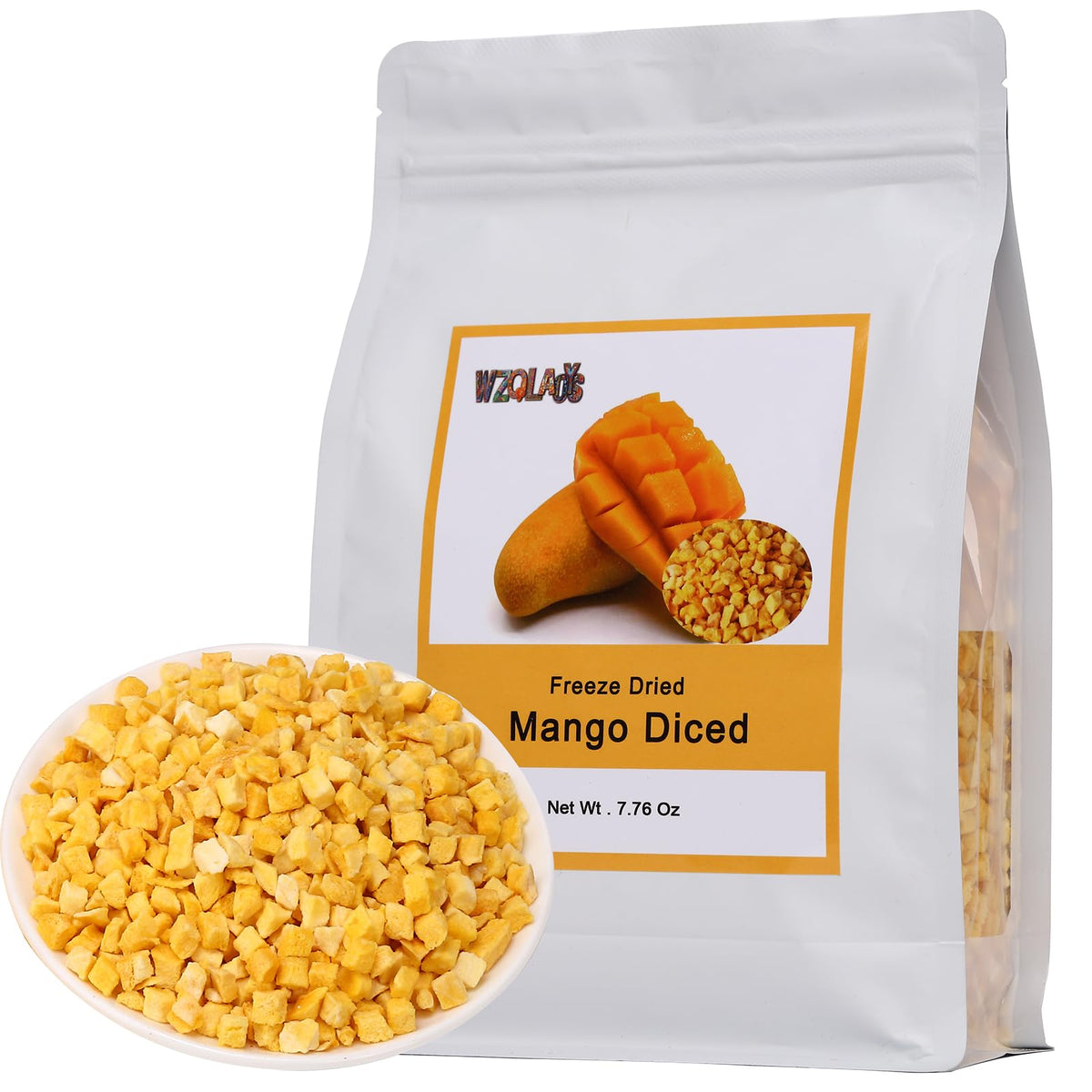 WZQLAOYS Freeze dried diced mango pack shows crisp texture for snacking.