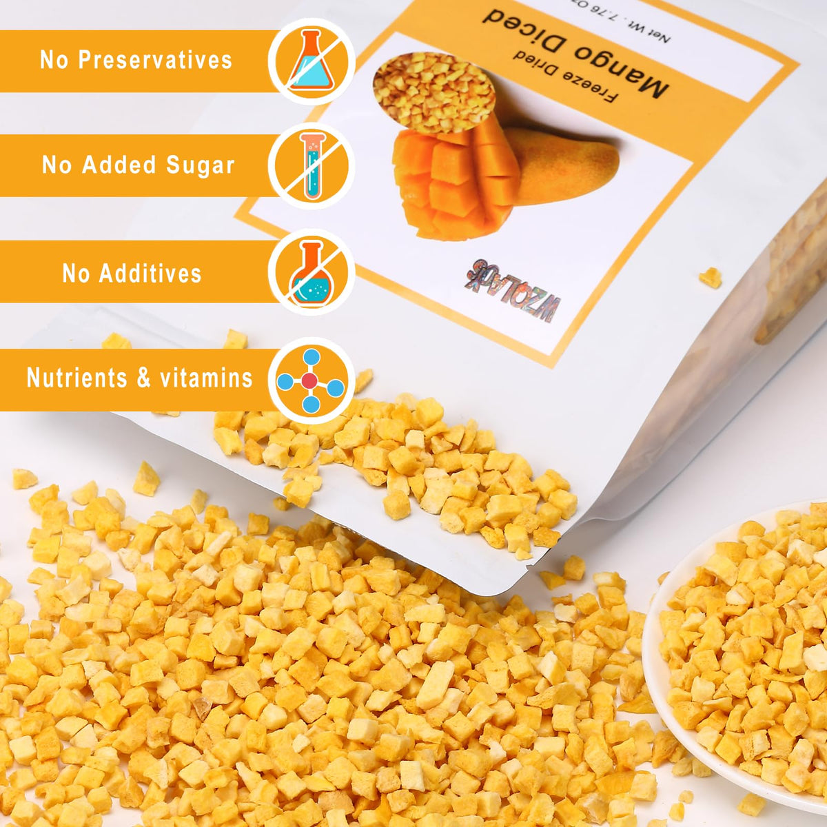 WZQLAOYS Freeze dried diced mango close-up highlights crunchy bite for baking.
