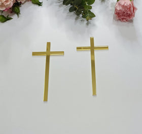 XIAOYUE slim acrylic cross cake charm in gold mirror finish as a 4-inch topper for cupcakes