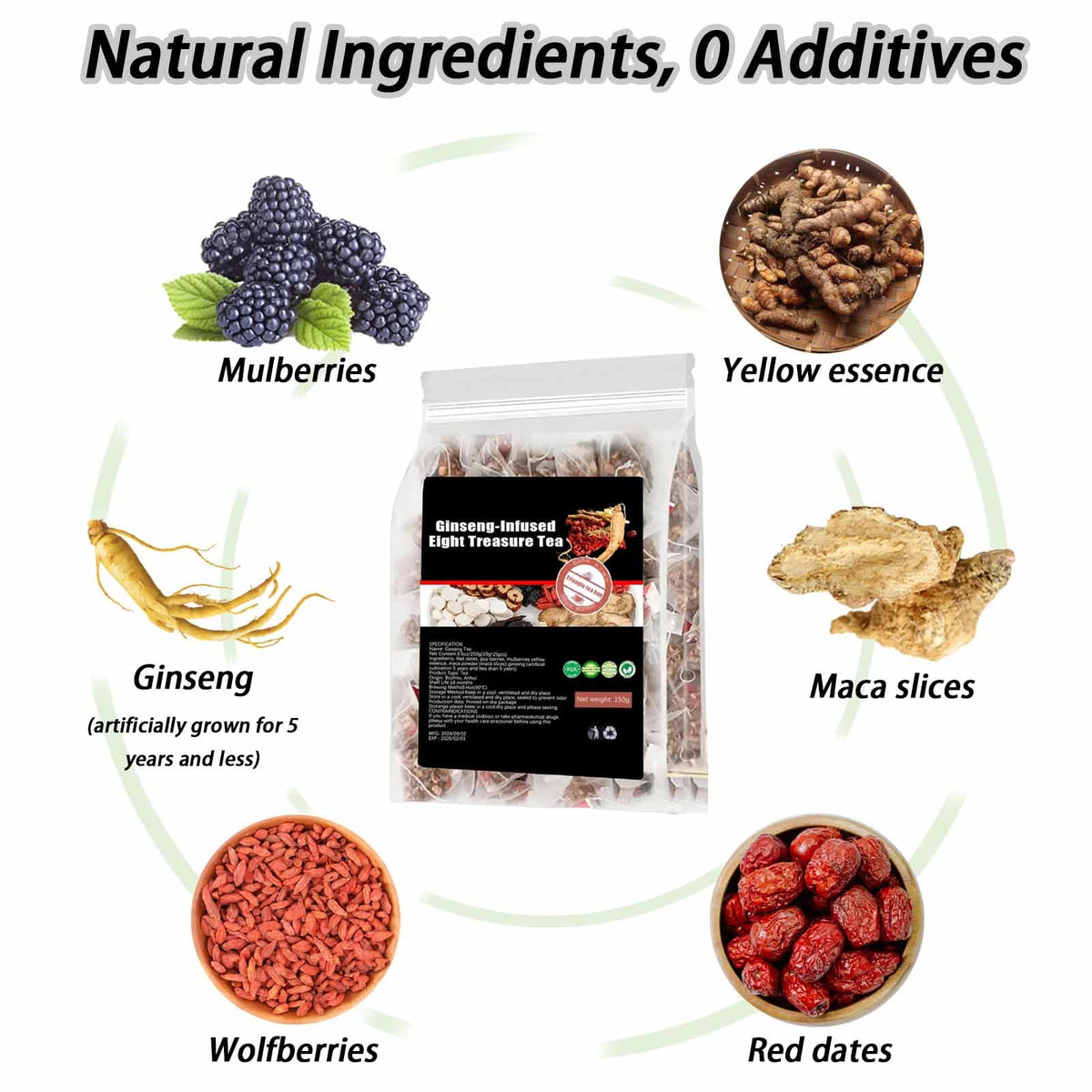 XICOFISS Ginseng Eight Treasure Tea ingredients display with ginseng goji dates