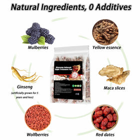 XICOFISS Ginseng Eight Treasure Tea ingredients display with ginseng goji dates