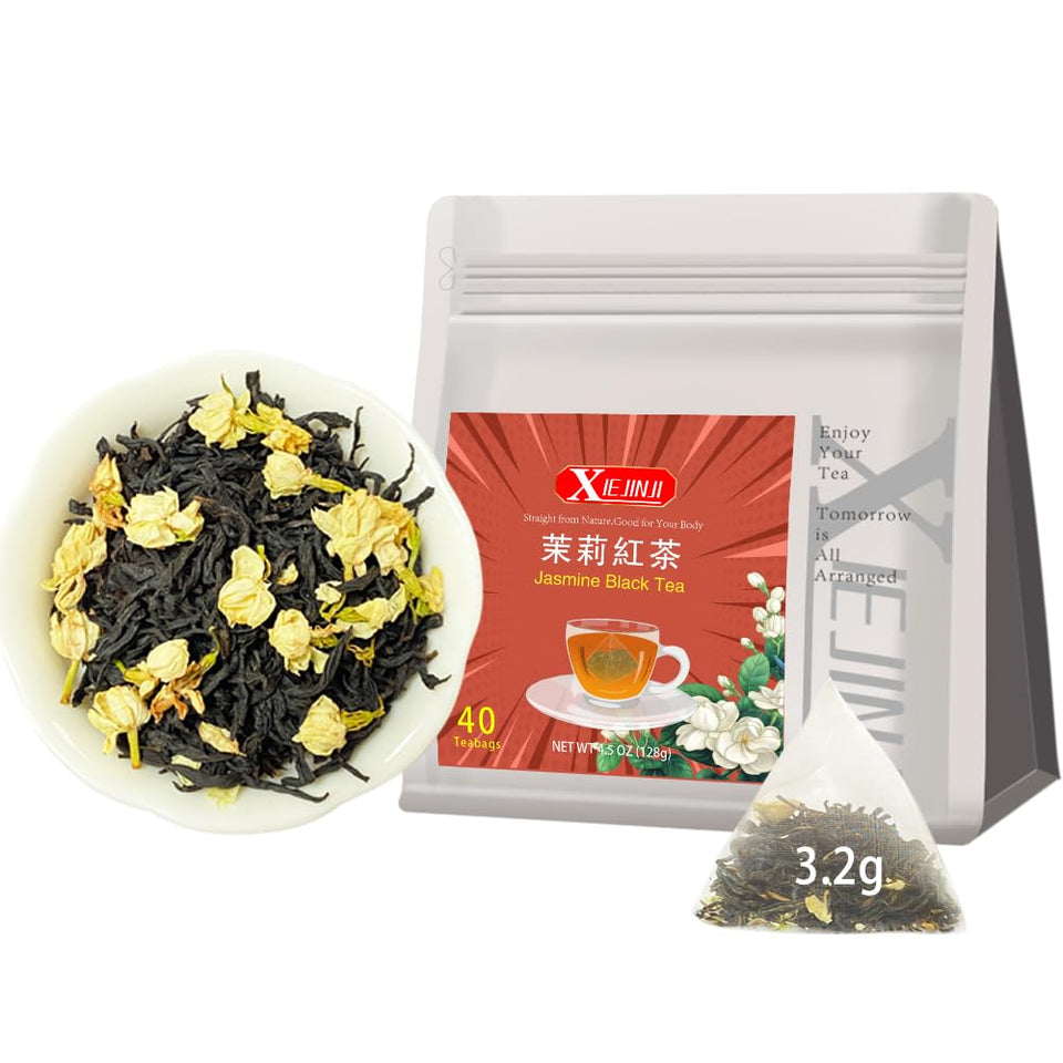 XIEJINJI Jasmine Black Tea packaging highlighting eco-friendly materials and premium blend