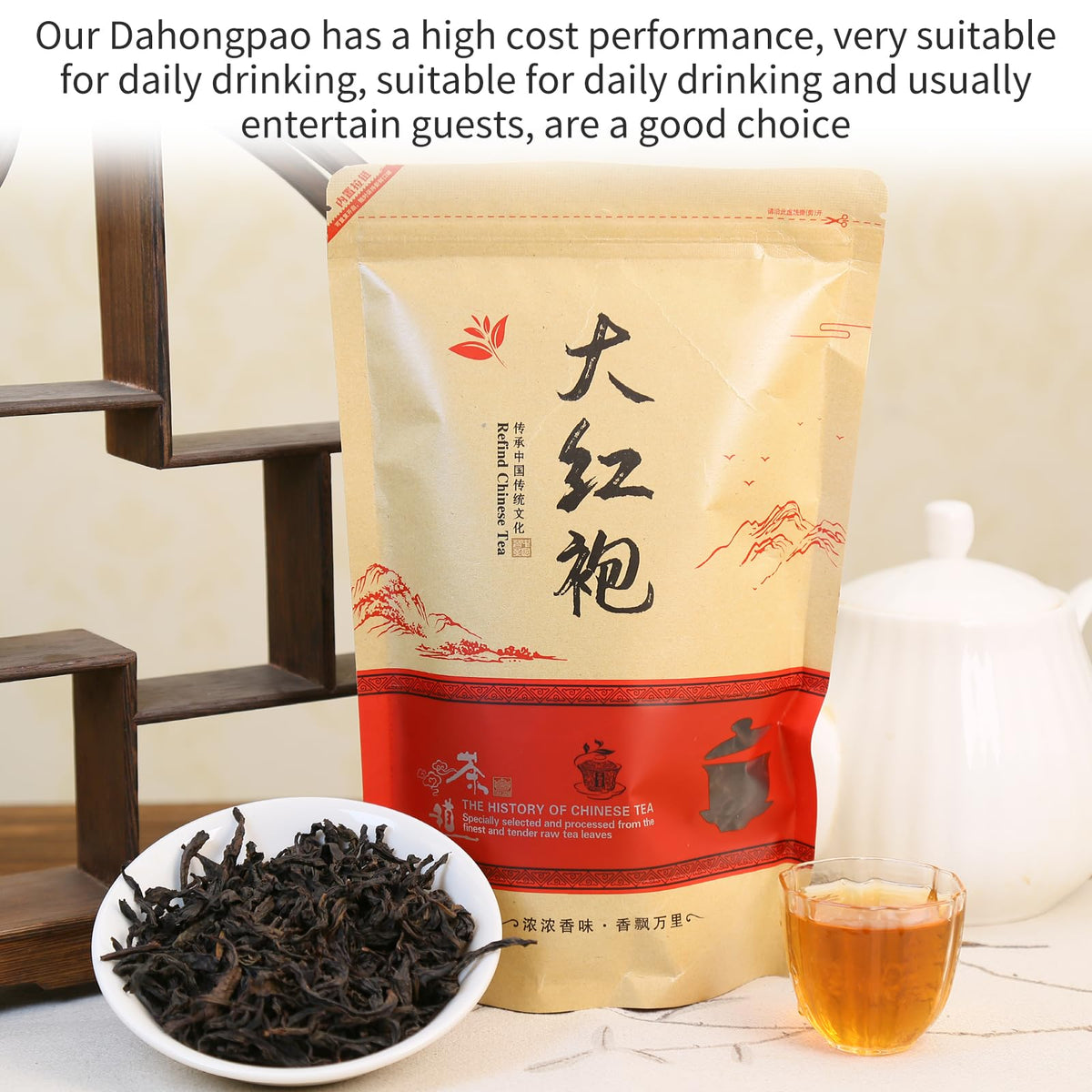 XIXICHA Da Hong Pao brewed tea in glass cup highlights inviting color and aroma.