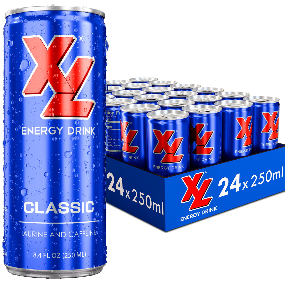 XL Energy Drink 24-pack cans shown for consistent energy on the go