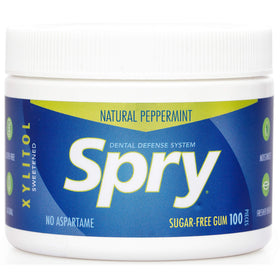 Xlear Spry Peppermint gum pack highlights sugar-free, aspartame-free dental defense.