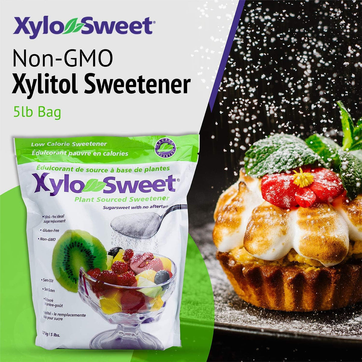 XyloSweet granules being poured into a measuring cup for precise sweetness.