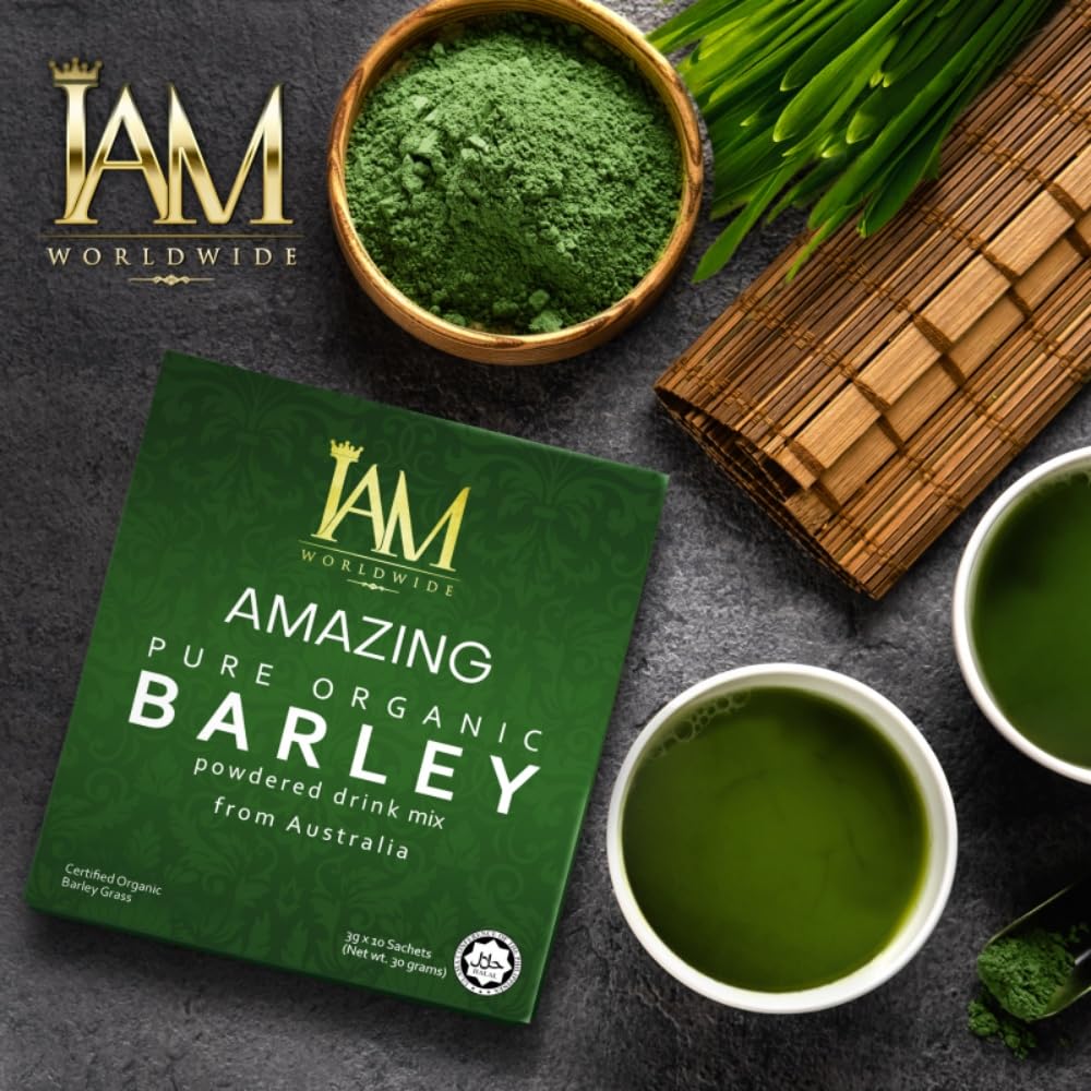 XLXZHYF IAM Amazing Pure Organic Barley Powdered Drink Mix box back with ingredients and tips.