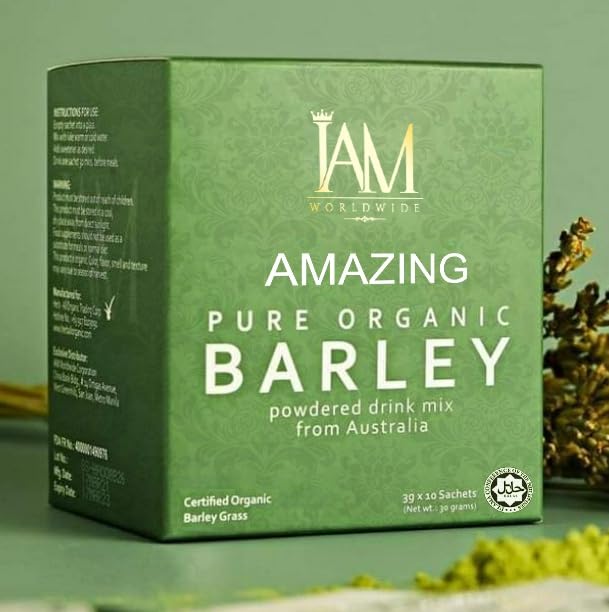 XLXZHYF IAM Amazing Pure Organic Barley Powdered Drink Mix packaging closeup showing barley grass.