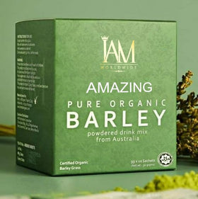 XLXZHYF IAM Amazing Pure Organic Barley Powdered Drink Mix packaging closeup showing barley grass.