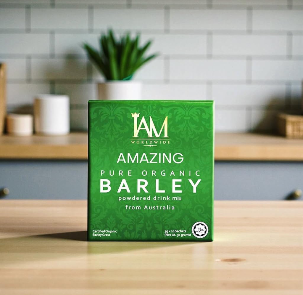 XLXZHYF IAM Amazing Pure Organic Barley Powdered Drink Mix powder texture closeup with greens.