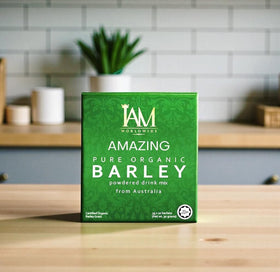 XLXZHYF IAM Amazing Pure Organic Barley Powdered Drink Mix powder texture closeup with greens.