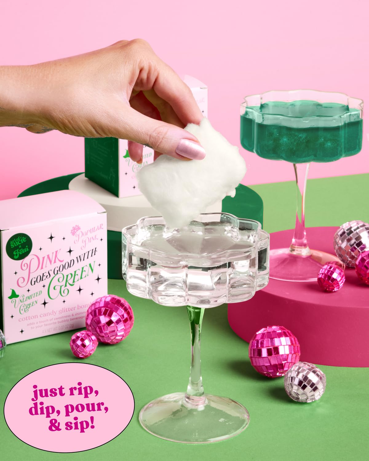 xo, Fetti easy-use bombs drop into any clear sparkling drink