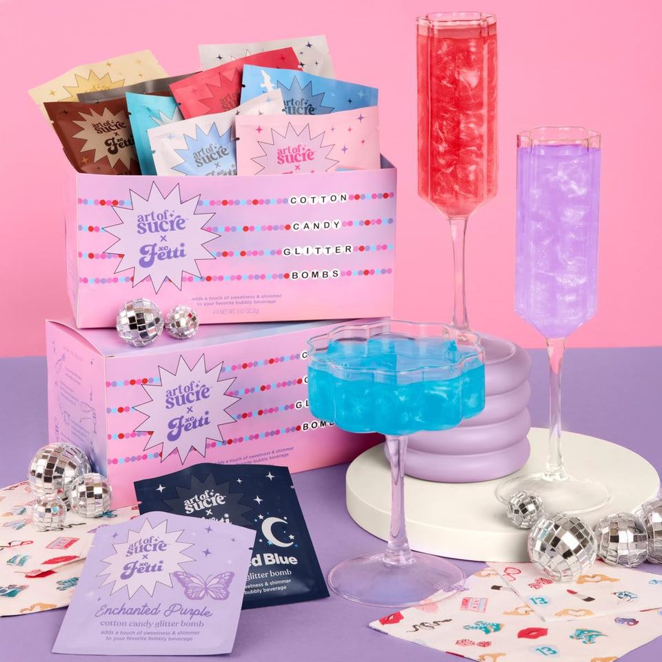 xo Fetti Art of Sucre Eras cotton candy glitter bombs pack adds vibrant color to drinks.