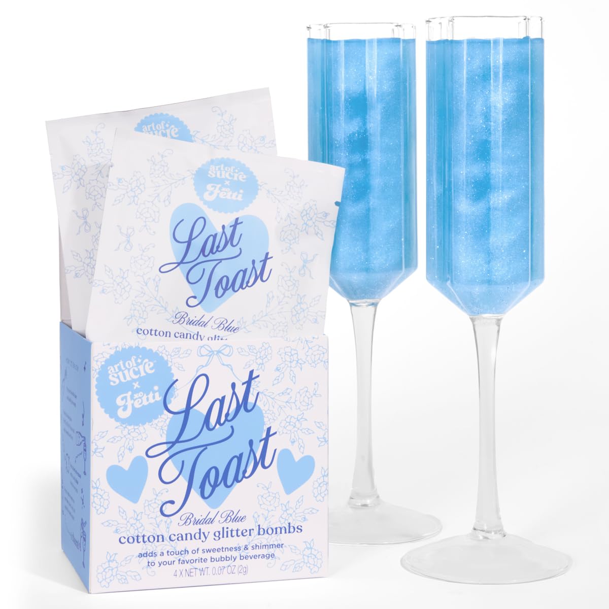 xo Fetti bridal blue cotton candy glitter bombs in a 4 piece set for festive drinks
