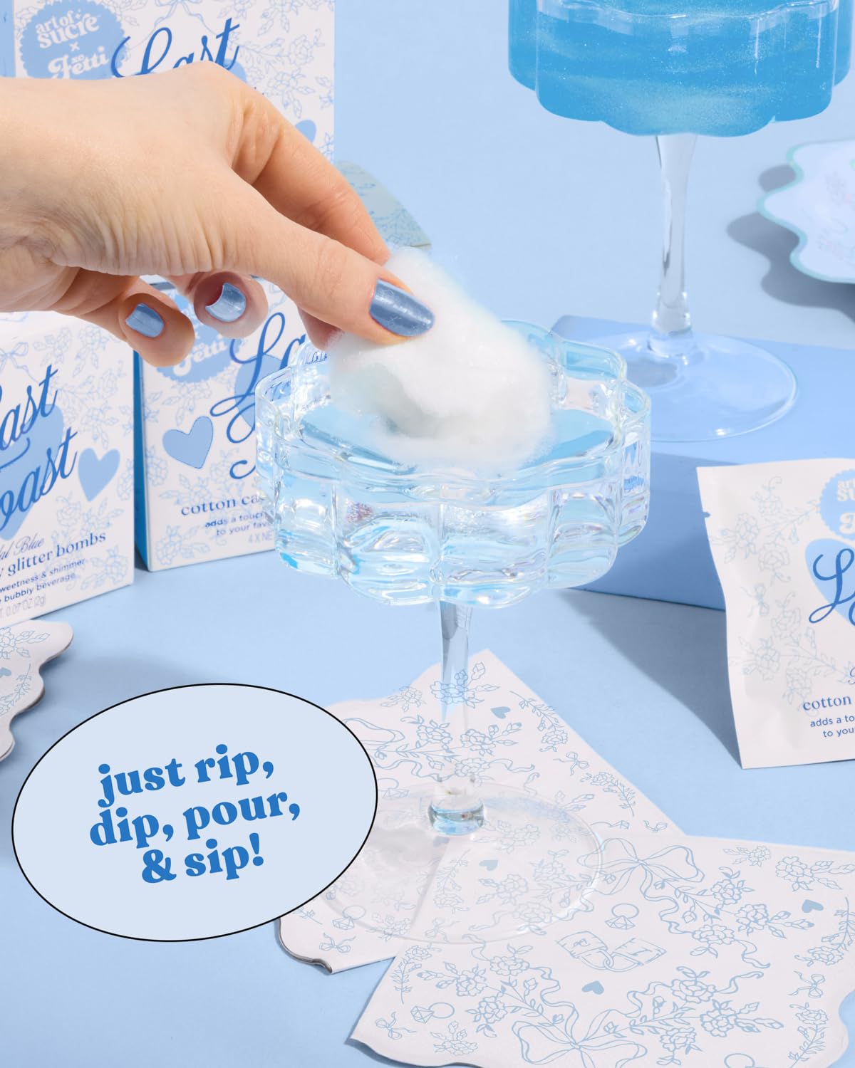 xo Fetti glitter bombs dropping into a clear sparkling drink for a magical reveal