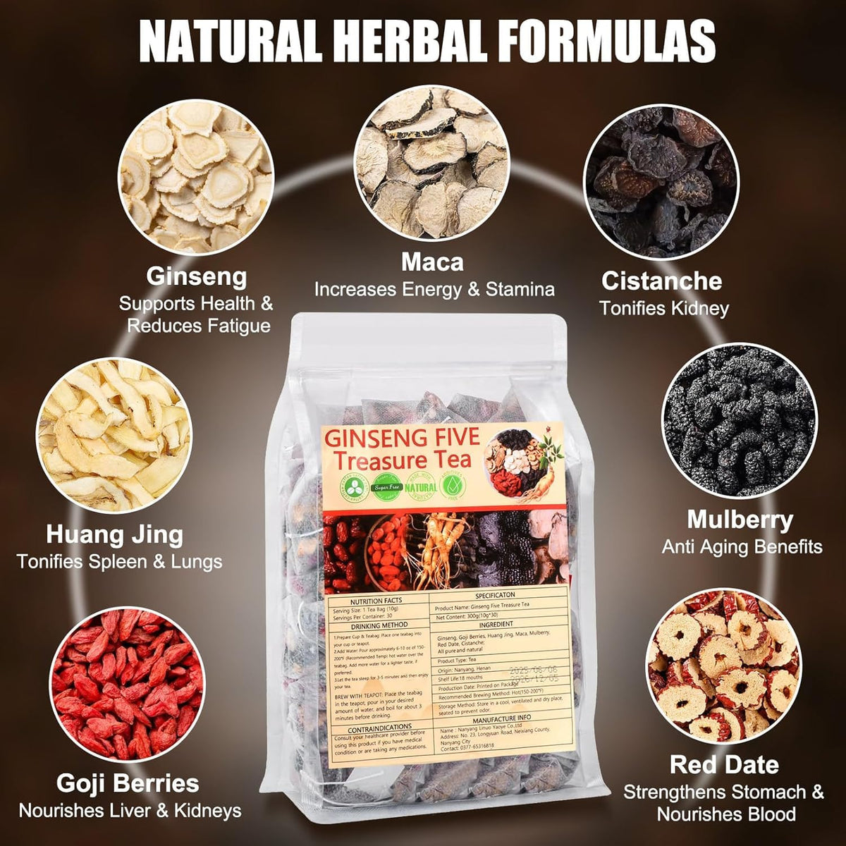 XPIZO Kidney Tea ginseng-goji-dates mix highlighting premium herbal ingredients