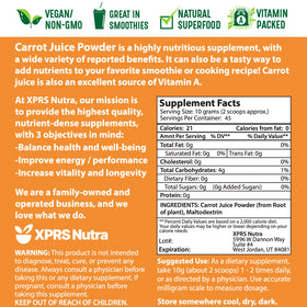 XPRS Nutra carrot powder close-up shows fine, water-soluble texture