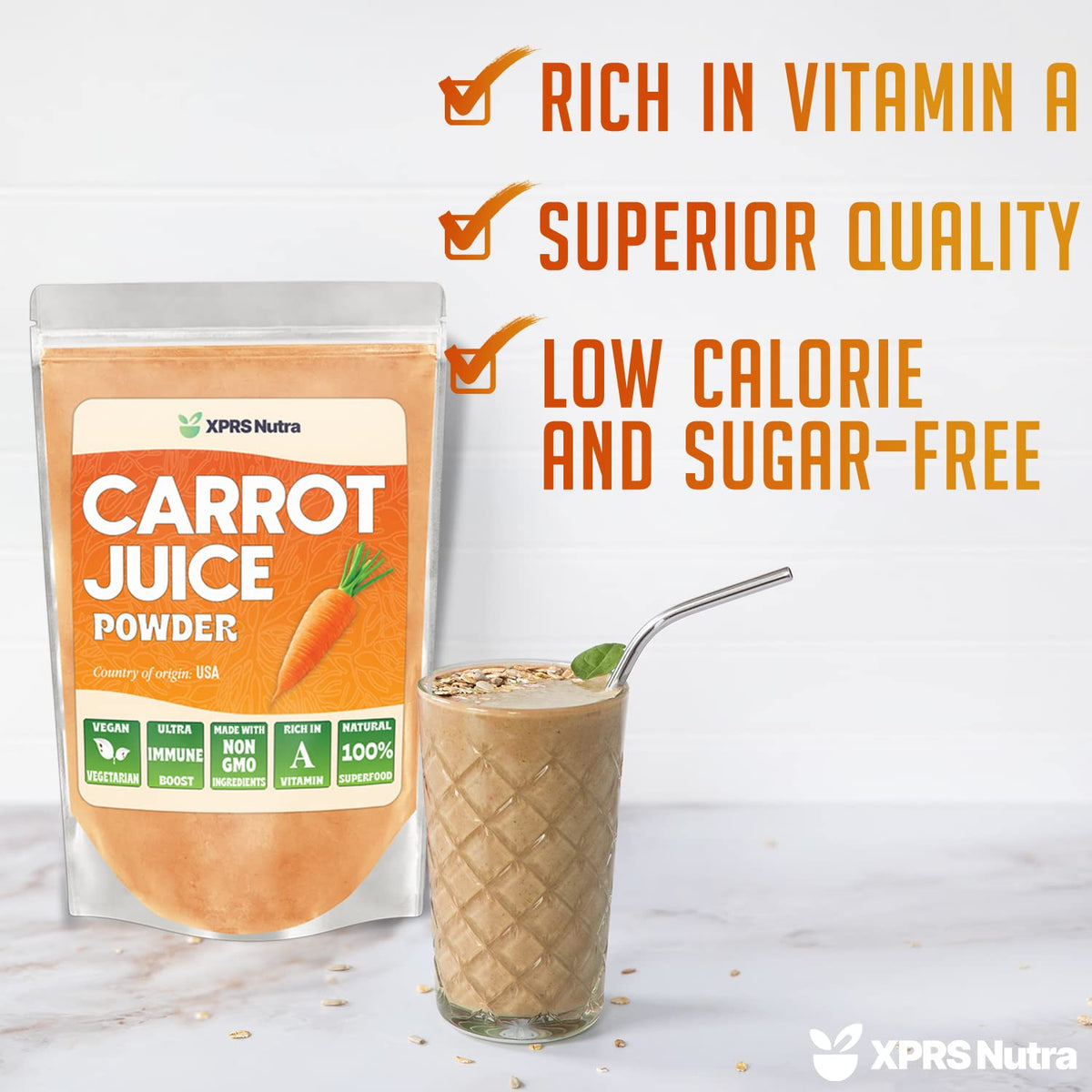 XPRS Nutra carrot powder being poured into glass for quick drink with nutrients