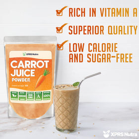 XPRS Nutra carrot powder being poured into glass for quick drink with nutrients