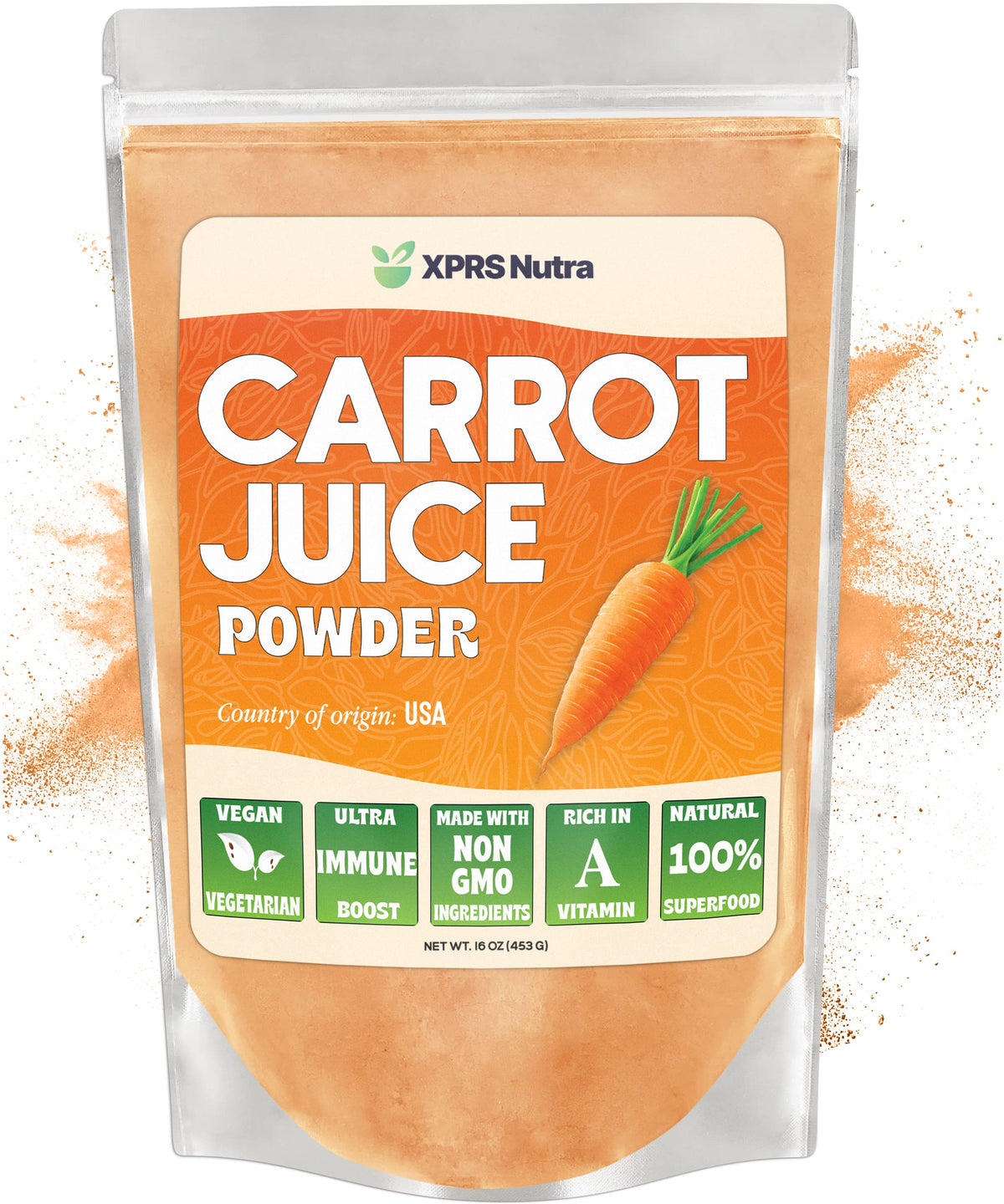 XPRS Nutra carrot powder tub 16oz ready to boost smoothies with natural carotenoids