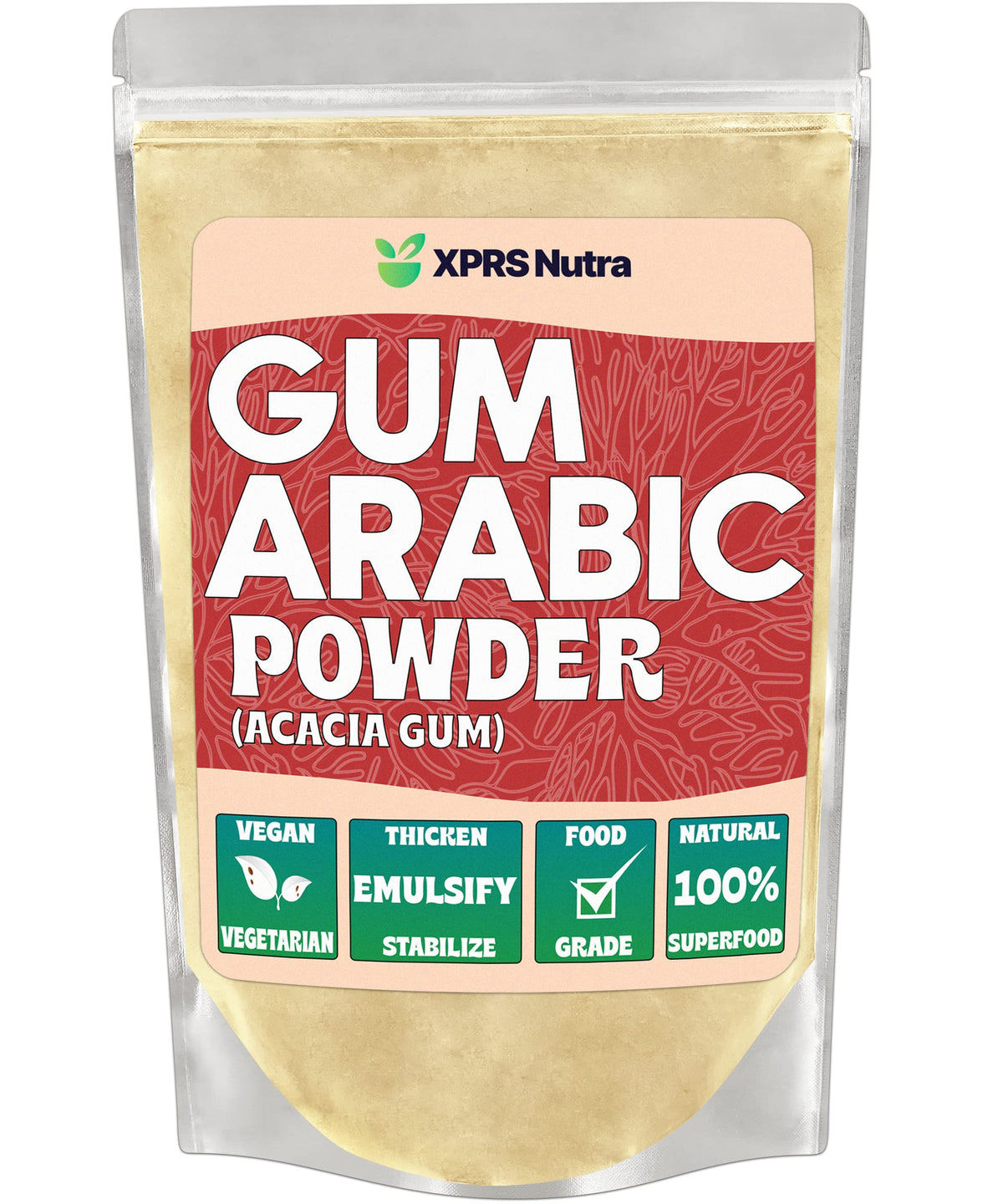 XPRS Nutra Gum Arabic powder packaging; premium, ready for versatile food and art use.
