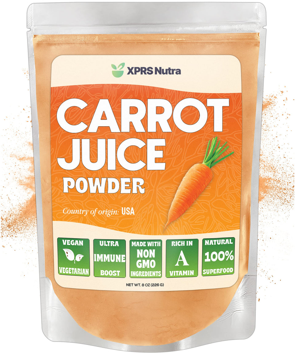 XPRS Nutra carrot powder label close-up, highlighting non-GMO quality for healthy smoothies.
