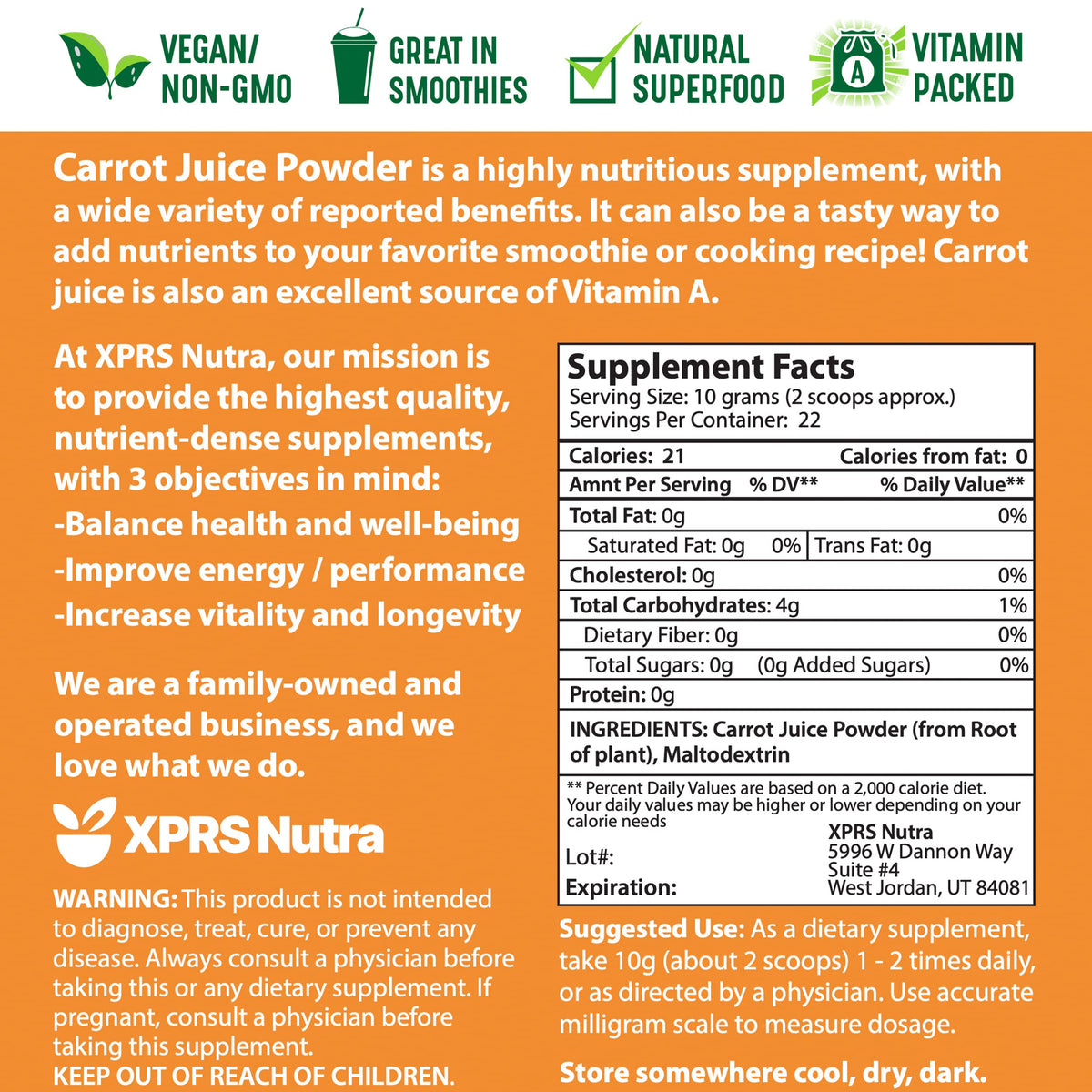 XPRS Nutra carrot powder 8 oz packaging on a kitchen counter for daily use.