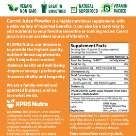 XPRS Nutra carrot powder 8 oz packaging on a kitchen counter for daily use.