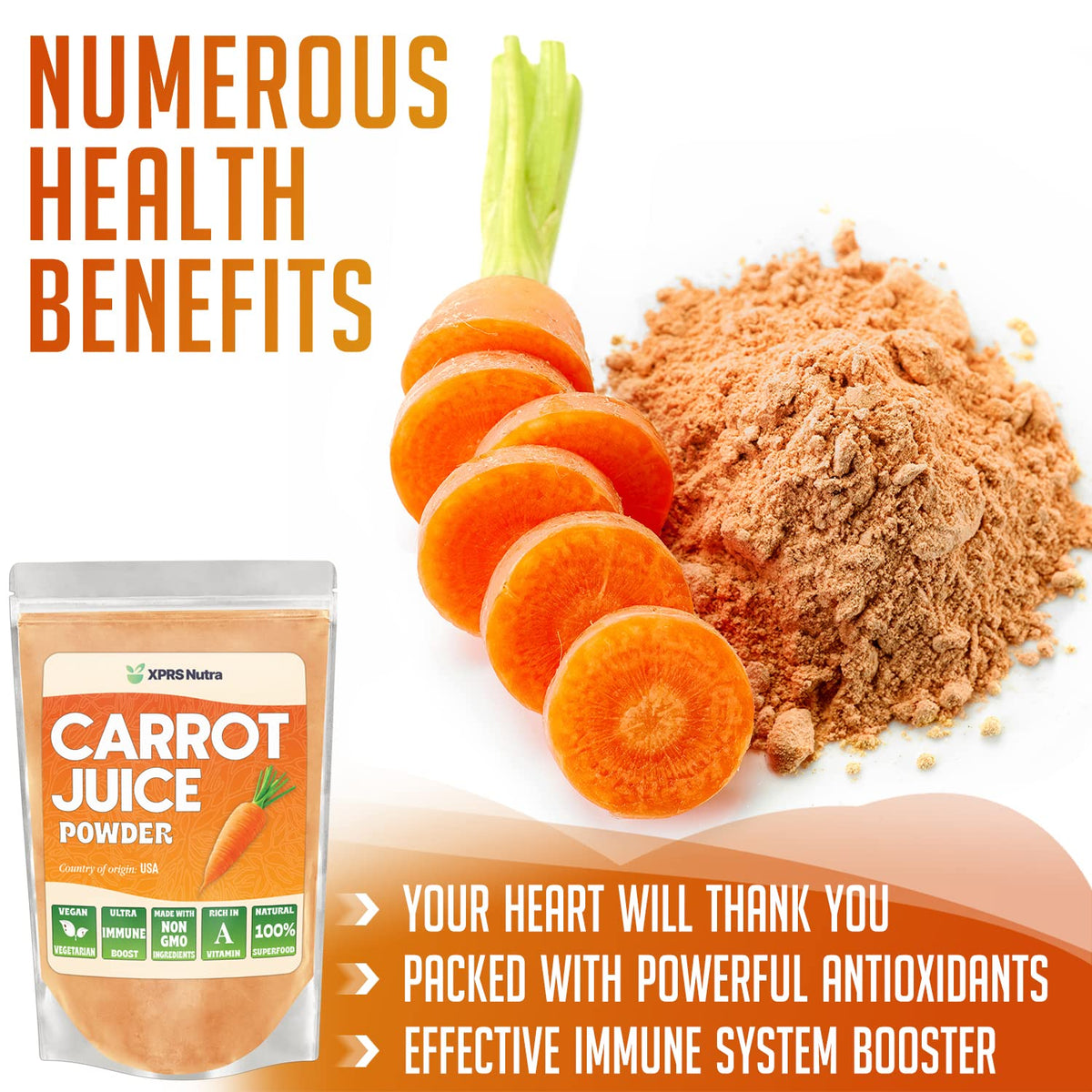 XPRS Nutra carrot powder in a smoothie bottle, boosting color and nutrition.