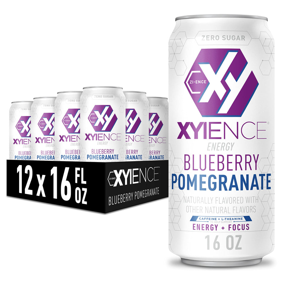 XYIENCE Blueberry Pomegranate can front shows bold flavor and low calories.