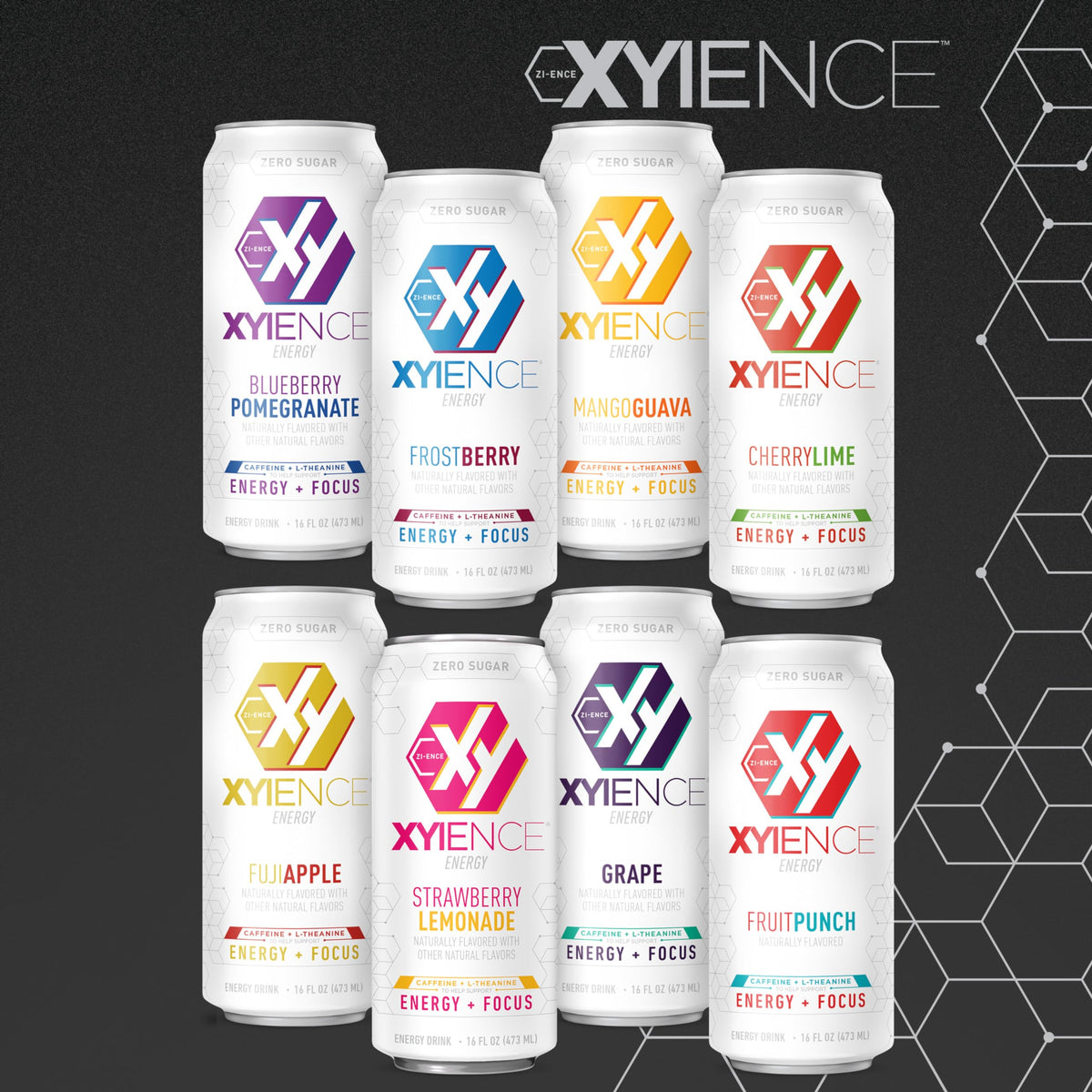 Close-up of XYIENCE label with natural flavors and caffeine blend.