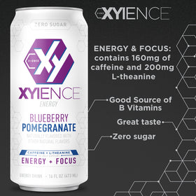 Liquid pour into glass reveals XYIENCE Blueberry Pomegranate flavor notes.