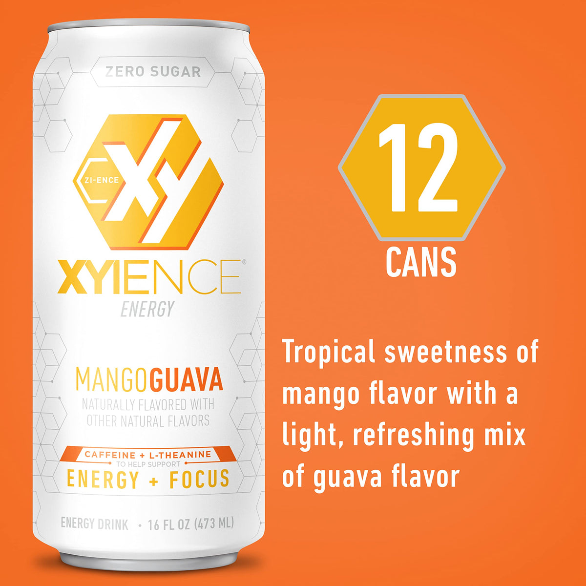 Close-up of Xyience Mango Guava label highlighting natural flavors.