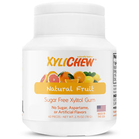 Xylichew fruit flavor gum pack promoting fresh breath and zero sugar.