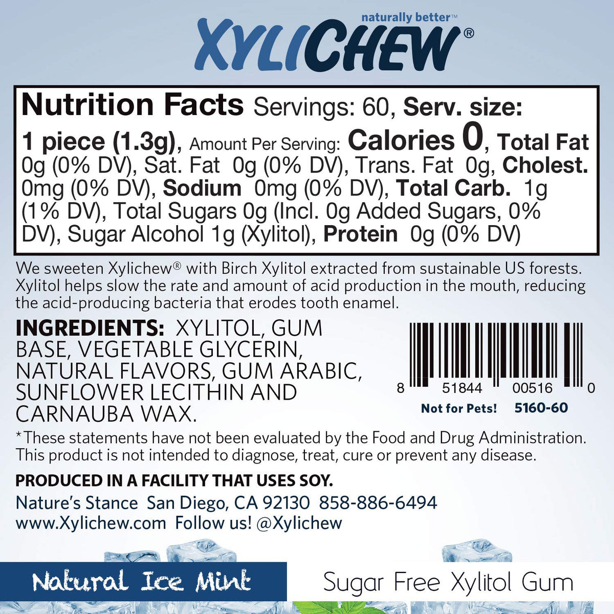 Xylichew Gluten-free vegan symbol, no titanium dioxide in the formula.
